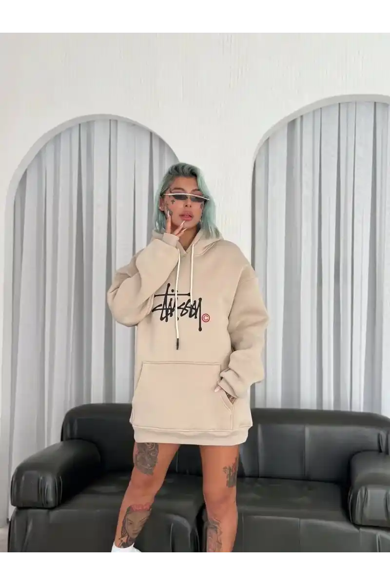 Kadın 3 İplik Pamuklu Kapüşonlu Kanguru Cepli Baskılı Oversize Hoodie Sweatshirt - Bej