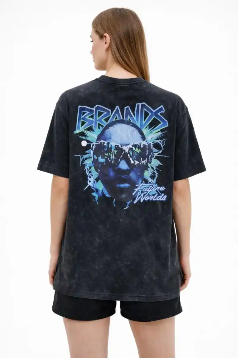 Kadın Asit Yıkamalı Oversize Tişört Future Worlds Baskılı Bisiklet Yaka Kısa Kollu Streetwear %100 Pamuk Street Style T-Shirt - Siyah