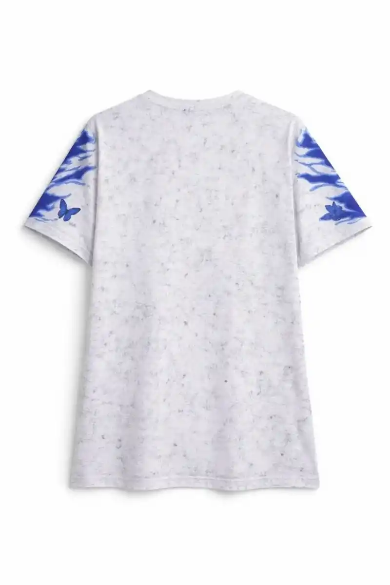 Kadın Asit Yıkamalı Oversize Tişört Mavi Kelebek Baskılı Dijital Print Bisiklet Yaka Streetwear T-Shirt - Beyaz