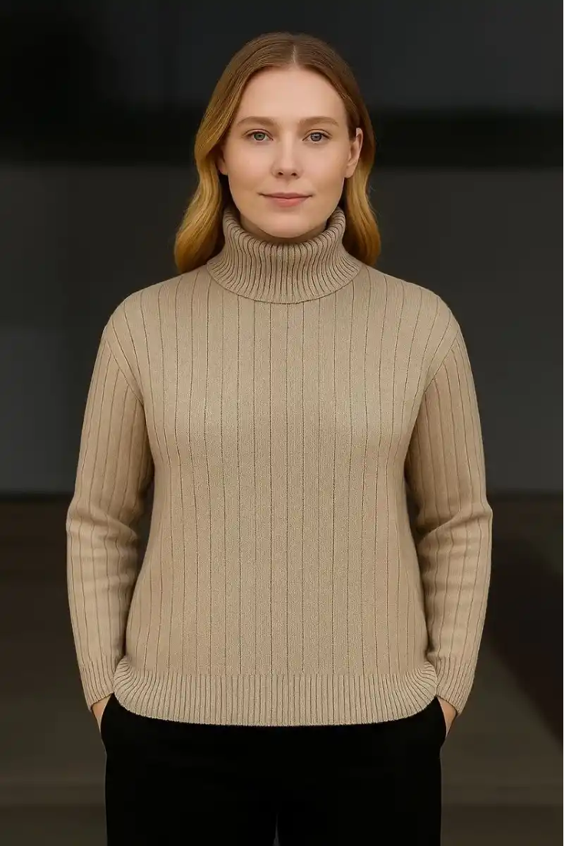 Kadın Balıkcı Yaka Bağazlı Triko Kazak Pamuklu Kalın Fitilli Dokuma - Bej