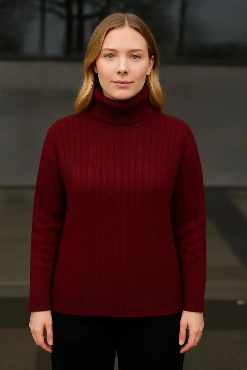 Kadın Balıkcı Yaka Bağazlı Triko Kazak Pamuklu Kalın Fitilli Dokuma - Bordo