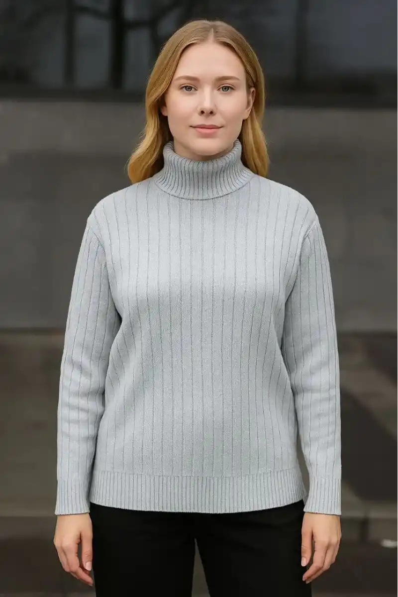 Kadın Balıkcı Yaka Bağazlı Triko Kazak Pamuklu Kalın Fitilli Dokuma - Gri