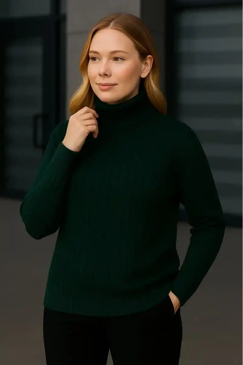 Kadın Balıkcı Yaka Bağazlı Triko Kazak Pamuklu Kalın Fitilli Dokuma - Haki