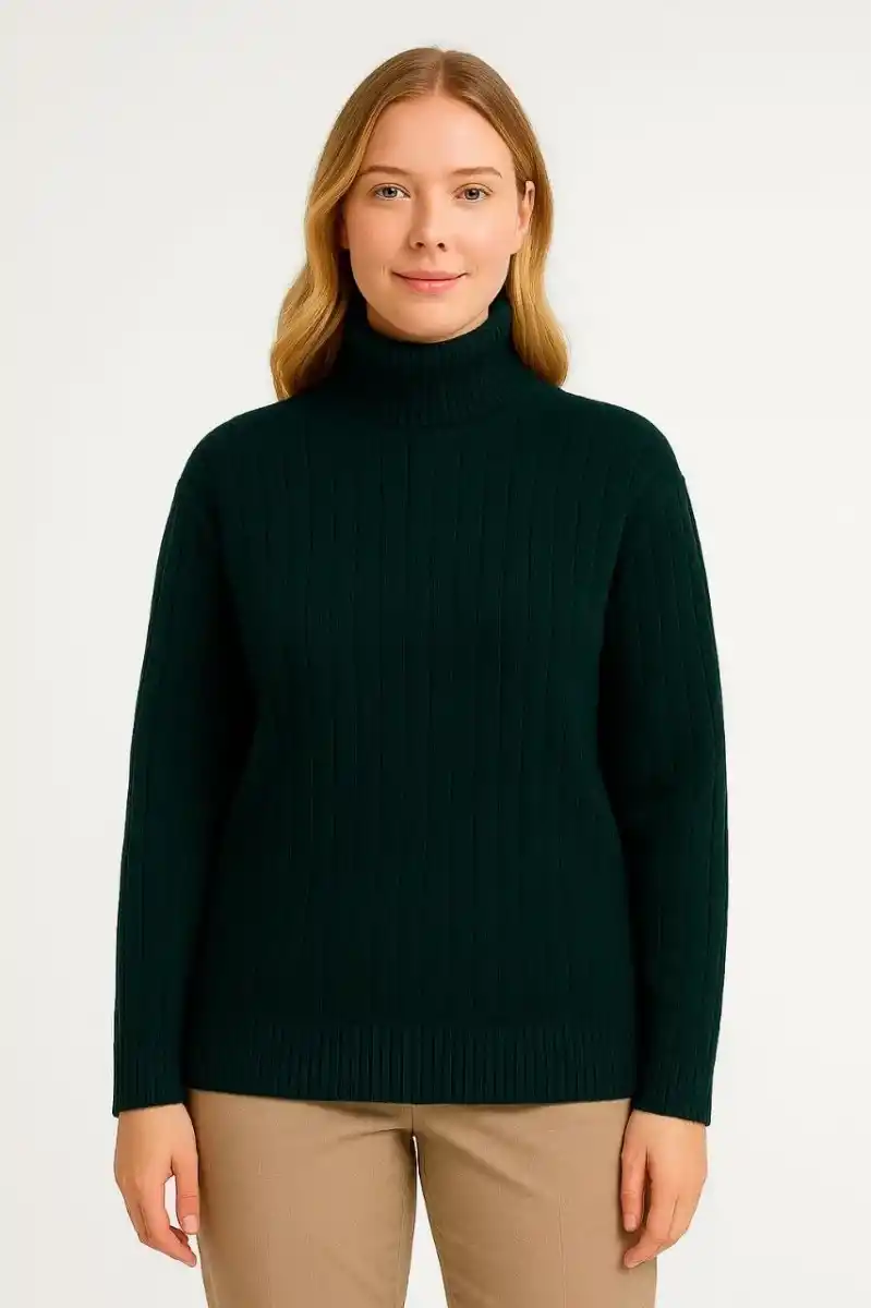 Kadın Balıkcı Yaka Bağazlı Triko Kazak Pamuklu Kalın Fitilli Dokuma - Haki