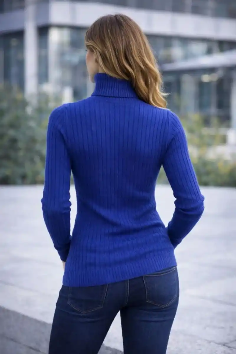 Kadın Balıkcı Yaka Bağazlı Triko Kazak Pamuklu Kalın Fitilli Dokuma - İndigo