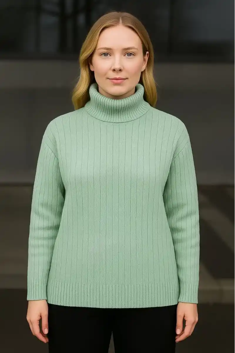 Kadın Balıkcı Yaka Bağazlı Triko Kazak Pamuklu Kalın Fitilli Dokuma - Mint Yeşili