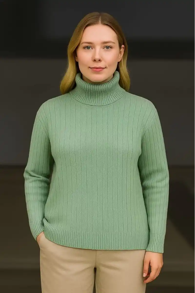Kadın Balıkcı Yaka Bağazlı Triko Kazak Pamuklu Kalın Fitilli Dokuma - Mint Yeşili