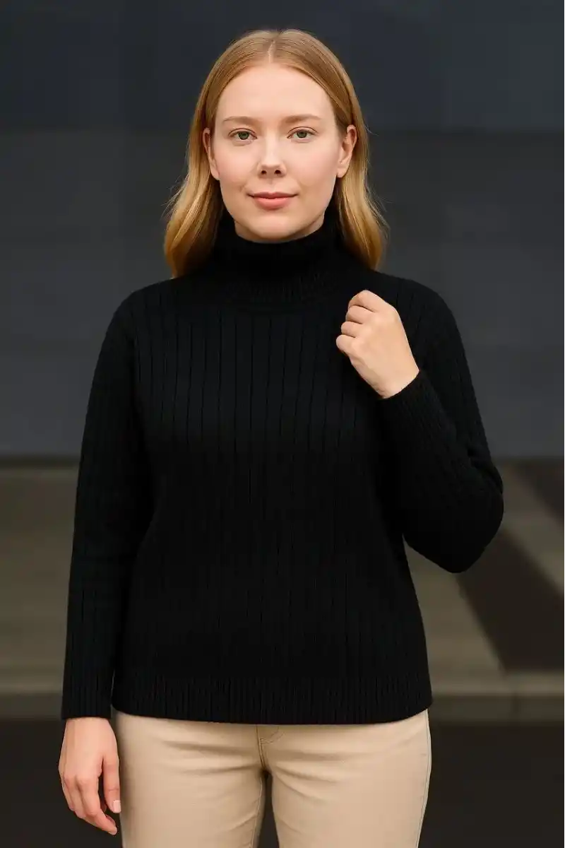 Kadın Balıkcı Yaka Bağazlı Triko Kazak Pamuklu Kalın Fitilli Dokuma - Siyah