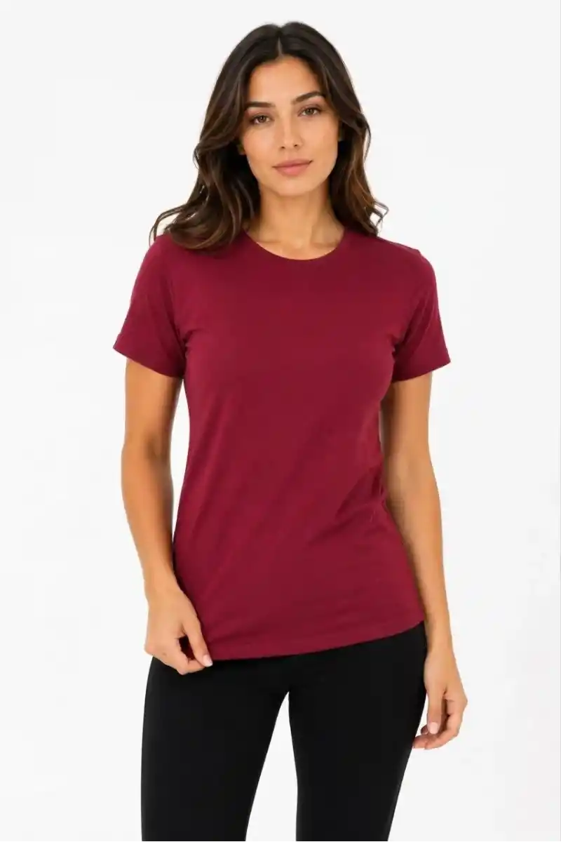 Kadın Basic Tişört Bisiklet Yaka Kısa Kol Günlük Yazlık Slim fit T-Shirt - Bordo
