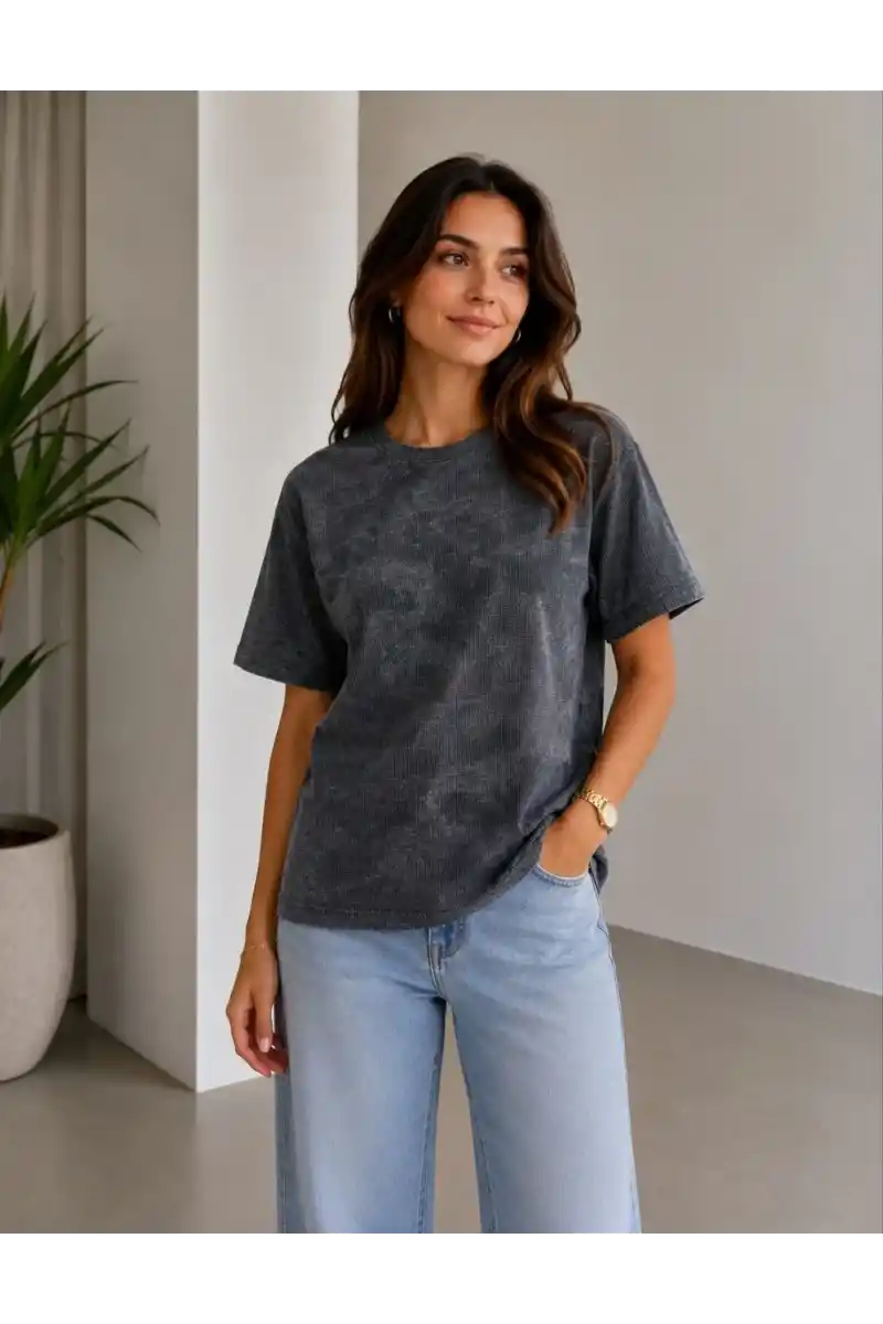 Kadın Batik Desenli Tişört Bisiklet Yaka Kısa Kol Regular Fit T-shirt - Siyah