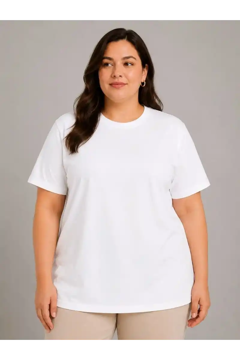 Kadın Battal Big Size Basic Tişört Bisiklet Yaka Rahat Kalıp T-Shirt - Beyaz
