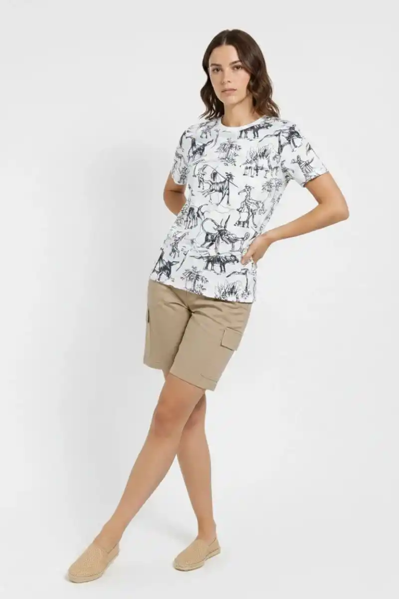 Kadın Beyaz Dinozor Desenli Tişört – Regular Kalıp, Bisiklet Yaka, Dijital Baskılı Pamuklu T-Shirt - Beyaz