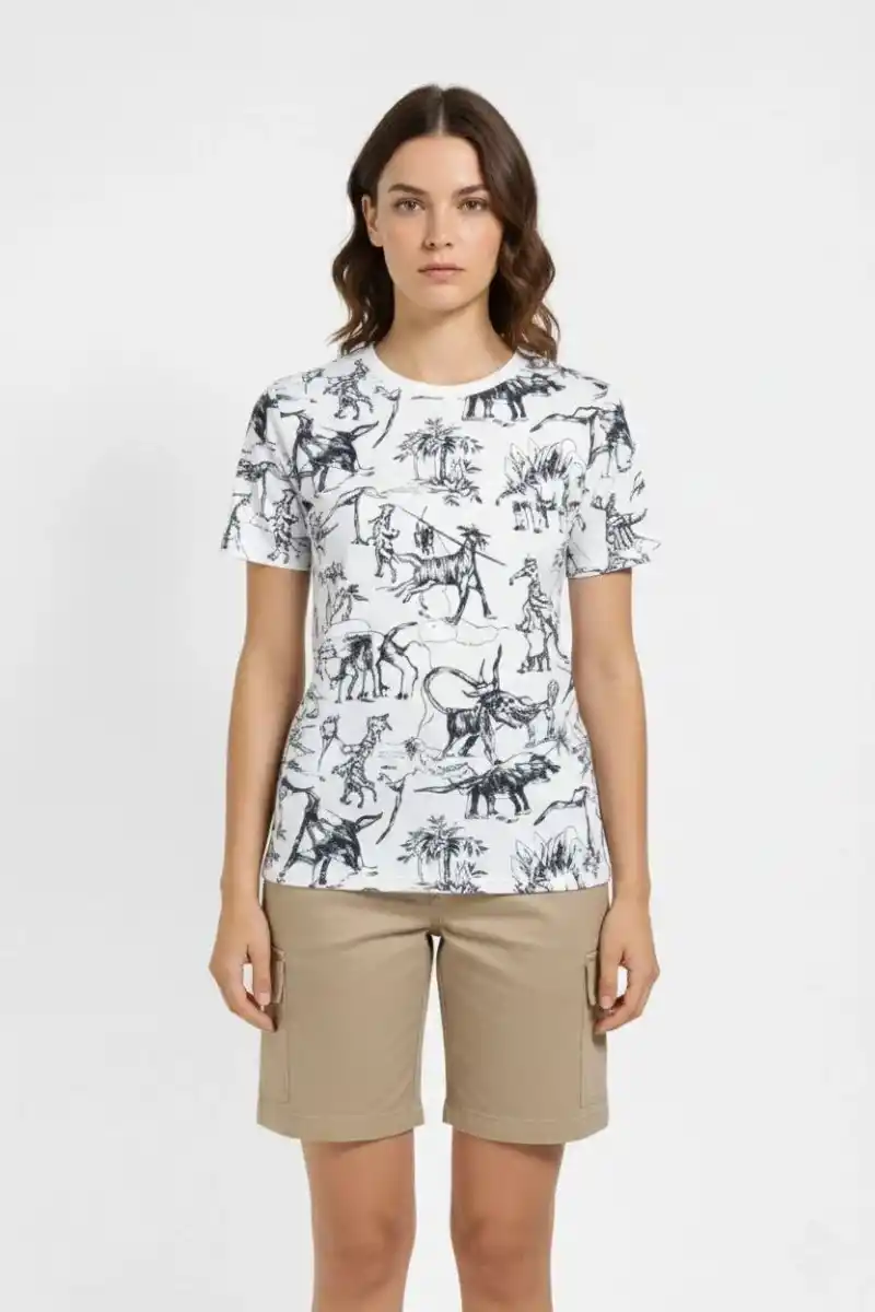 Kadın Beyaz Dinozor Desenli Tişört – Regular Kalıp, Bisiklet Yaka, Dijital Baskılı Pamuklu T-Shirt - Beyaz