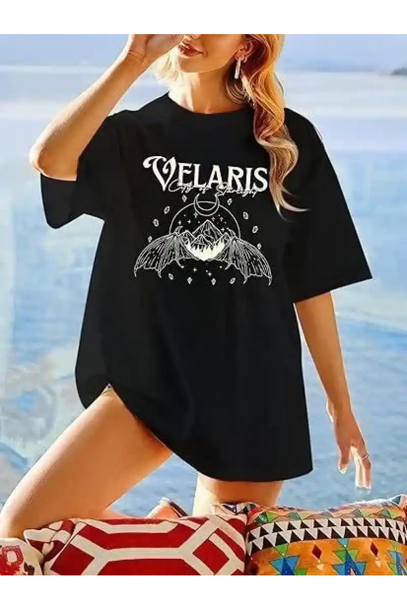 Kadın Bisiklet Yaka Baskılı T-shirt - Siyah