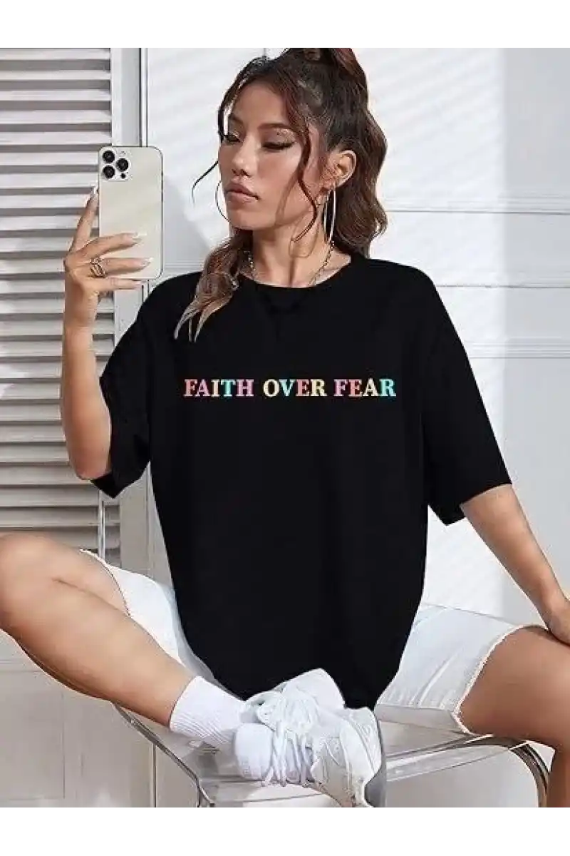 Kadın Bisiklet Yaka Baskılı T-shirt - Siyah