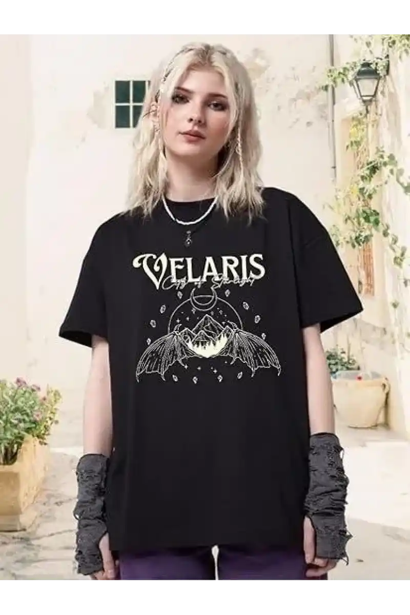 Kadın Bisiklet Yaka Baskılı T-shirt - Siyah