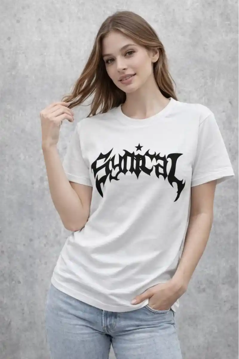 Kadın Bisiklet Yaka Ön Baskılı Kısa Kollu Tişört Streetwear Günlük Basic Pamuklu T-shirt - Beyaz