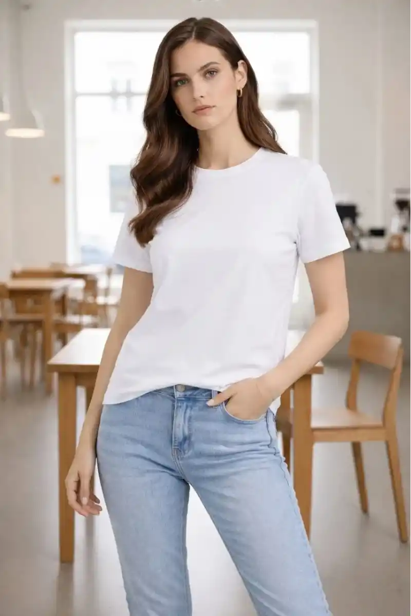 Kadın Bisiklet Yaka Tişört Regular Kalıp Basic Pamuklu Günlük Kullanım T-shirt - Beyaz