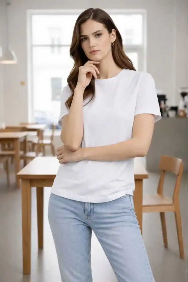 Kadın Bisiklet Yaka Tişört Regular Kalıp Basic Pamuklu Günlük Kullanım T-shirt - Beyaz