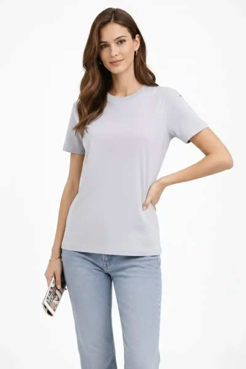 Kadın Bisiklet Yaka Tişört Regular Kalıp Basic Pamuklu Günlük Kullanım T-shirt - Gri