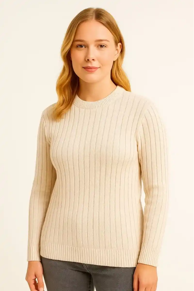 Kadın Bisiklet Yuvarlak Yaka Triko Kazak Pamuklu Kalın Fitilli Dokuma, Regular Fit Uzun Kollu Kışlık Model - Bej
