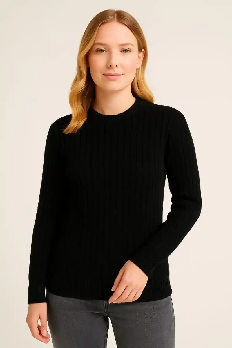 Kadın Bisiklet Yuvarlak Yaka Triko Kazak Pamuklu Kalın Fitilli Dokuma, Regular Fit Uzun Kollu Kışlık Model - Siyah