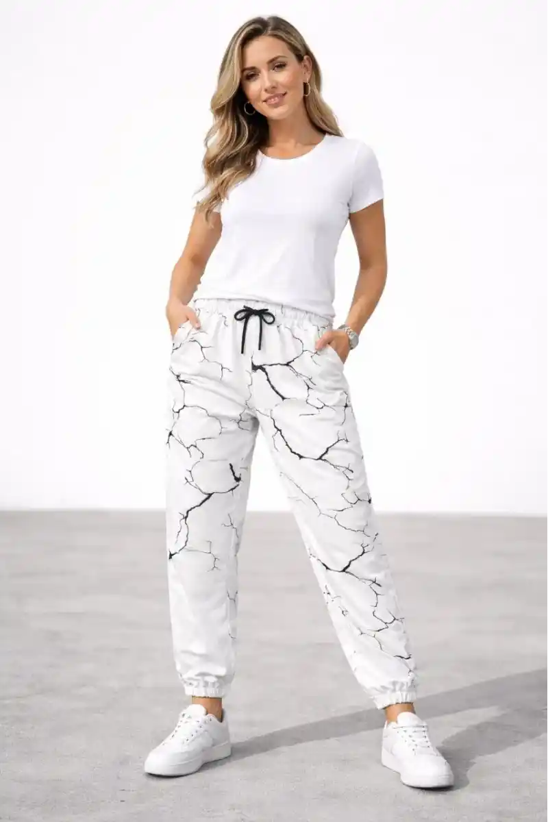 Kadın Dijital Baskılı Eşofman Altı Üç İplik Şardonlu Lastikli Paça Cepli Kalıp - Beyaz