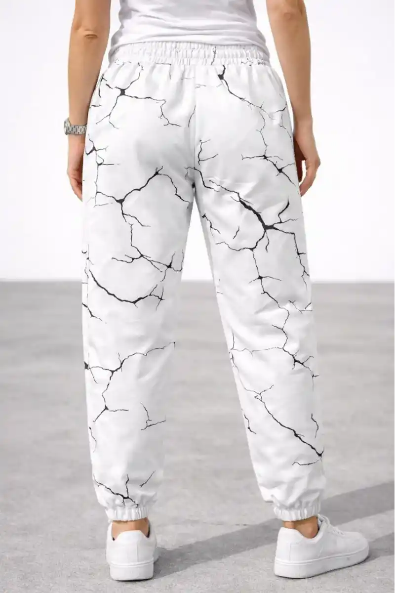 Kadın Dijital Baskılı Eşofman Altı Üç İplik Şardonlu Lastikli Paça Cepli Kalıp - Beyaz