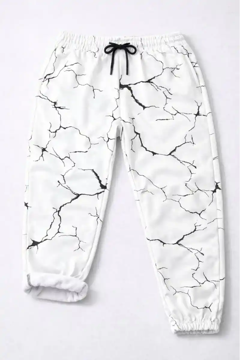 Kadın Dijital Baskılı Eşofman Altı Üç İplik Şardonlu Lastikli Paça Cepli Kalıp - Beyaz