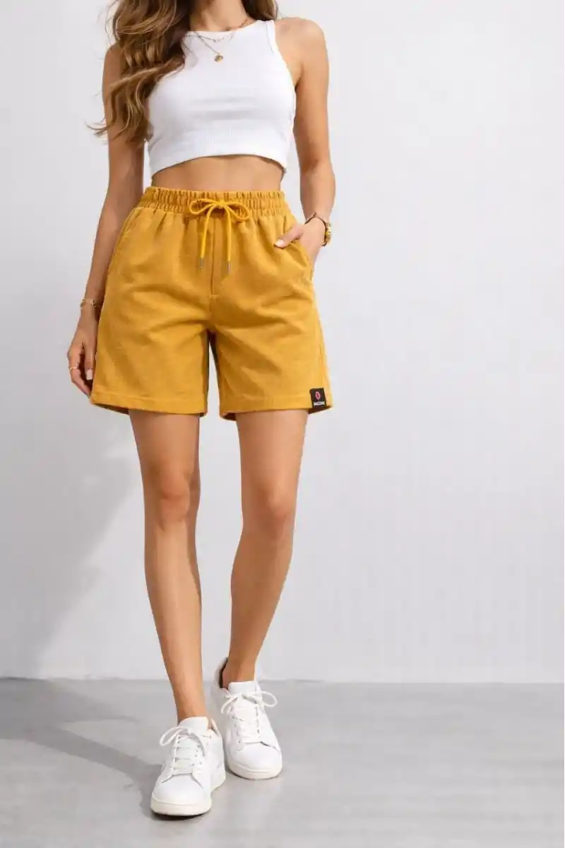 Kadın Dokuma otoban Şort Beli Lastikli Bağcıklı Cepli Kesim Şort - Hardal