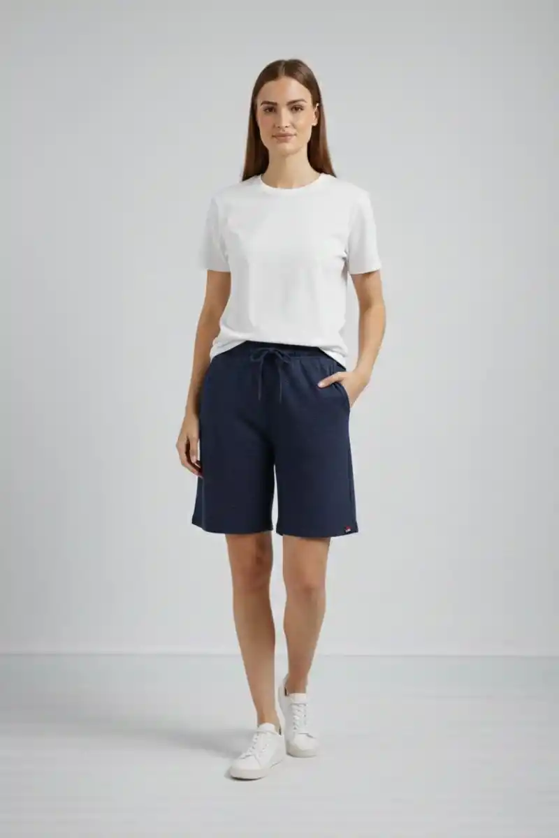 Kadın Dokuma otoban Şort Beli Lastikli Bağcıklı Cepli Kesim Şort - Lacivert