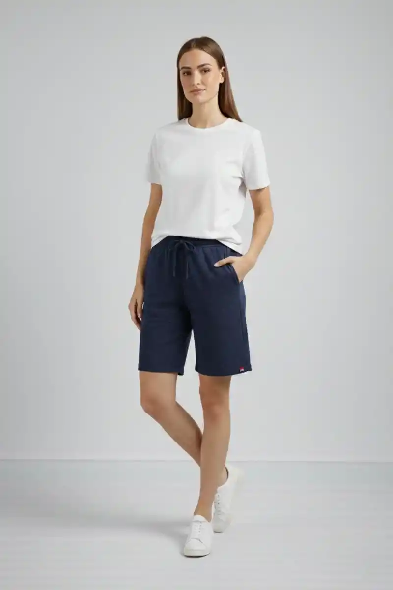 Kadın Dokuma otoban Şort Beli Lastikli Bağcıklı Cepli Kesim Şort - Lacivert