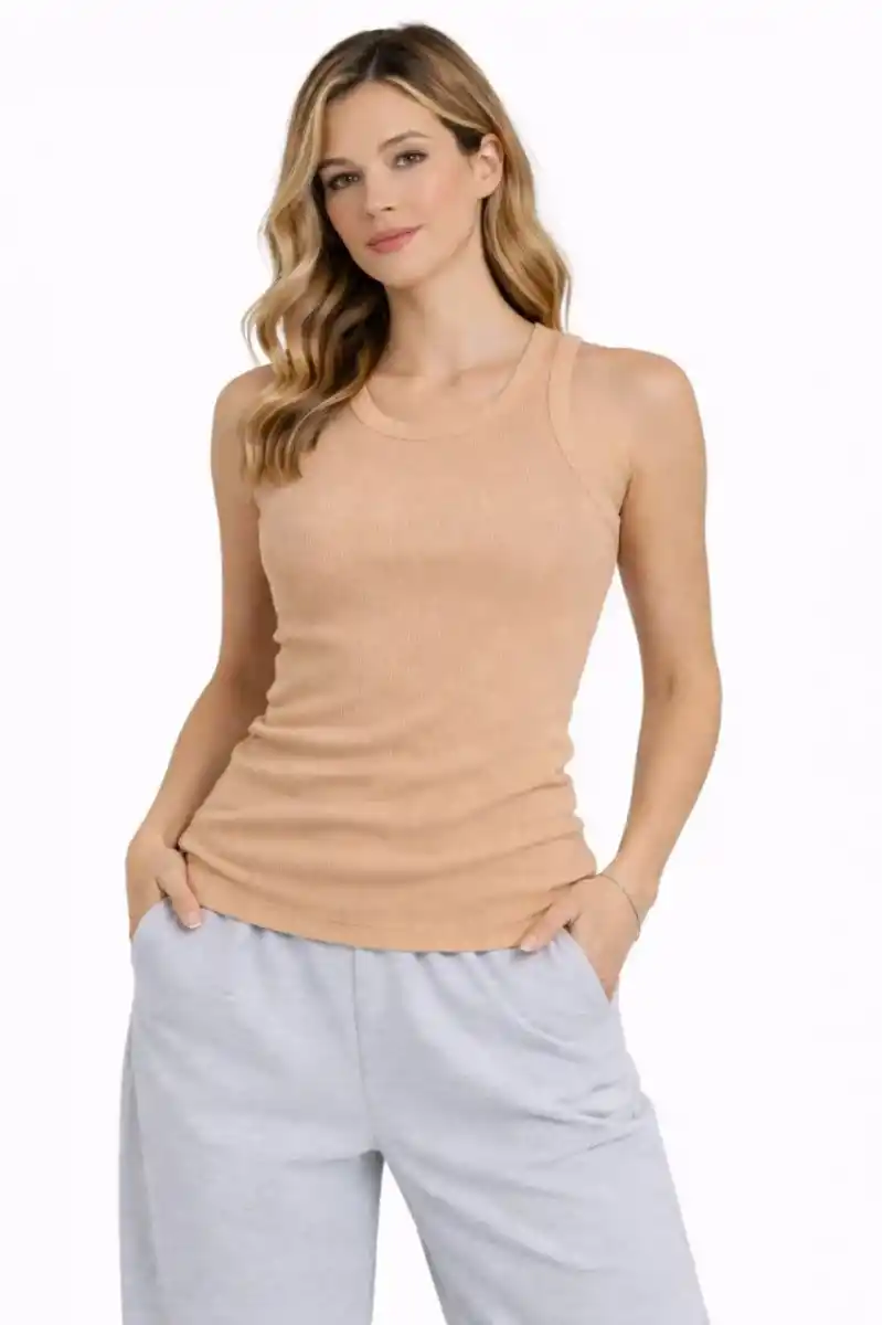 Kadın Fitilli Atlet Sıfır Yaka Slim Fit Arka Baskılı Spor Atlet - Bej