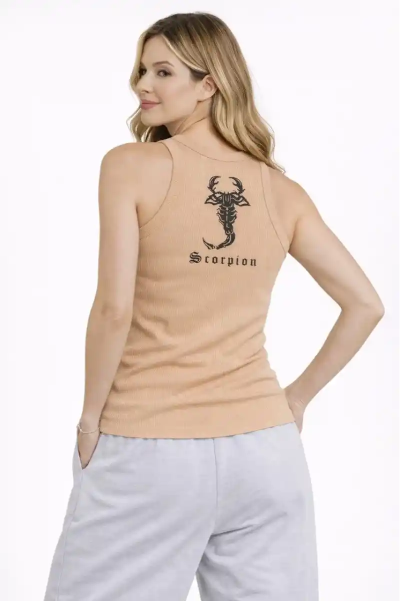 Kadın Fitilli Atlet Sıfır Yaka Slim Fit Arka Baskılı Spor Atlet - Bej