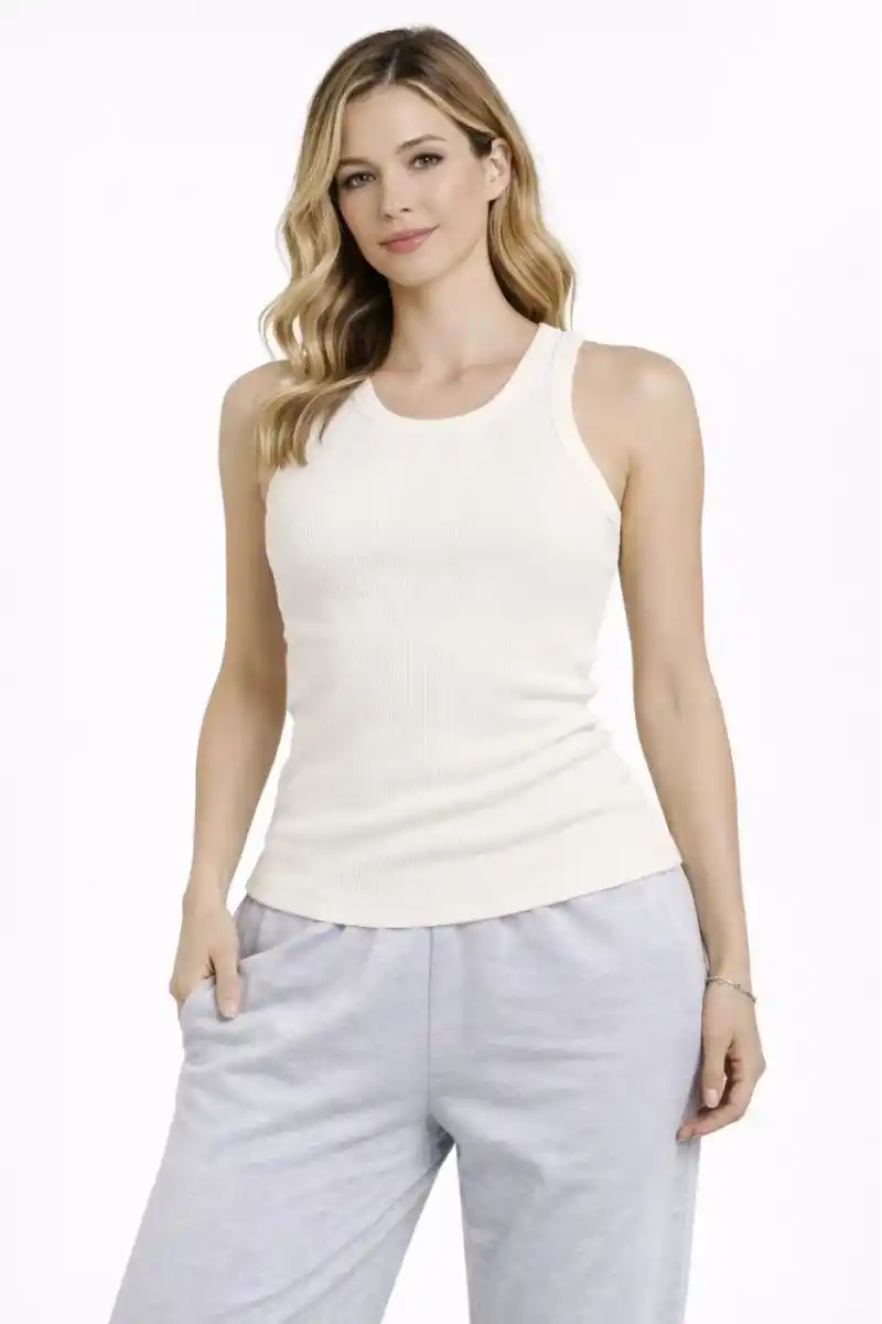 Kadın Fitilli Atlet Sıfır Yaka Slim Fit Arka Baskılı Spor Atlet - Krem