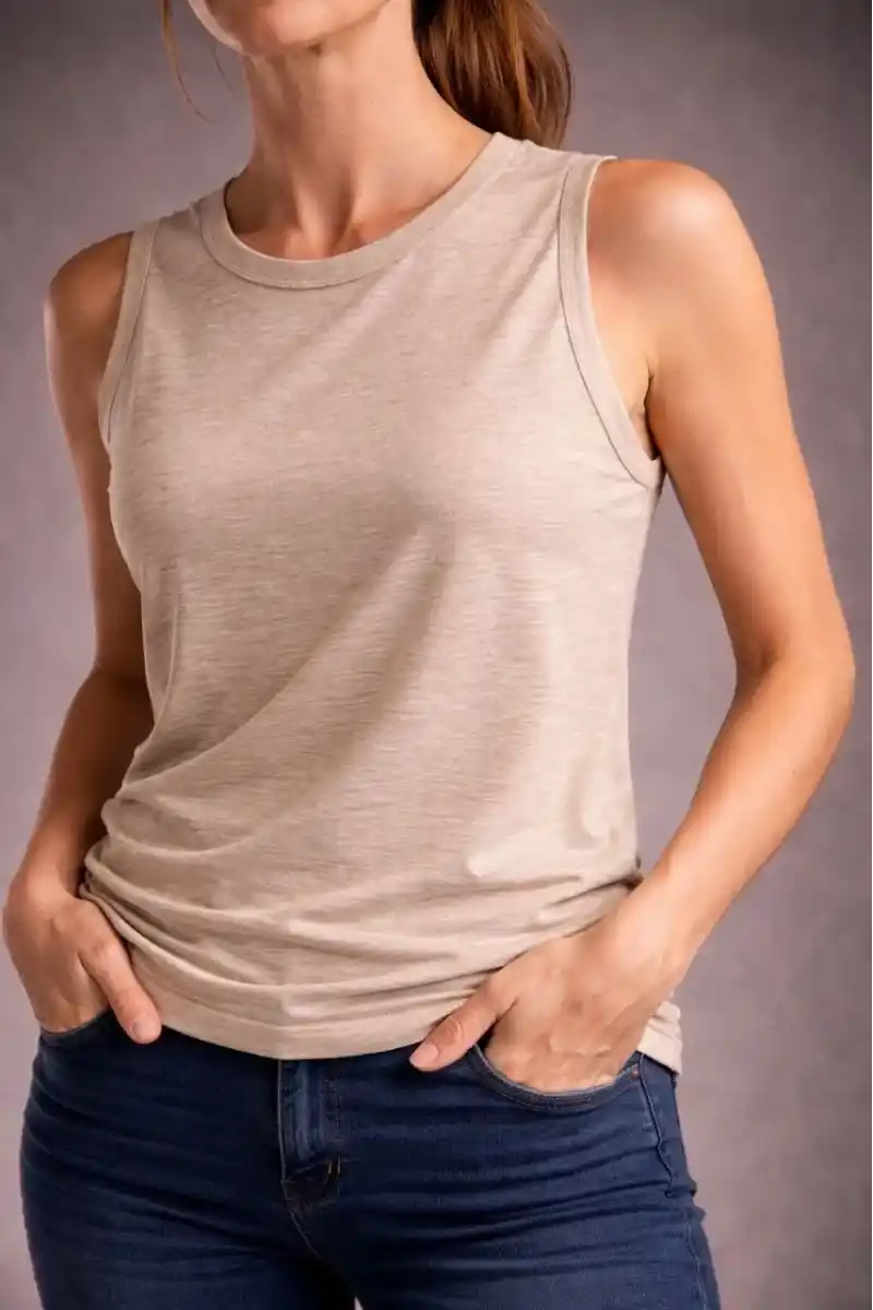 Kadın Flamlı Kumaş Sıfır Kolsuz Atlet Basic Spor Üst, Günlük ve Fitness Kullanımına Uygun - Taş