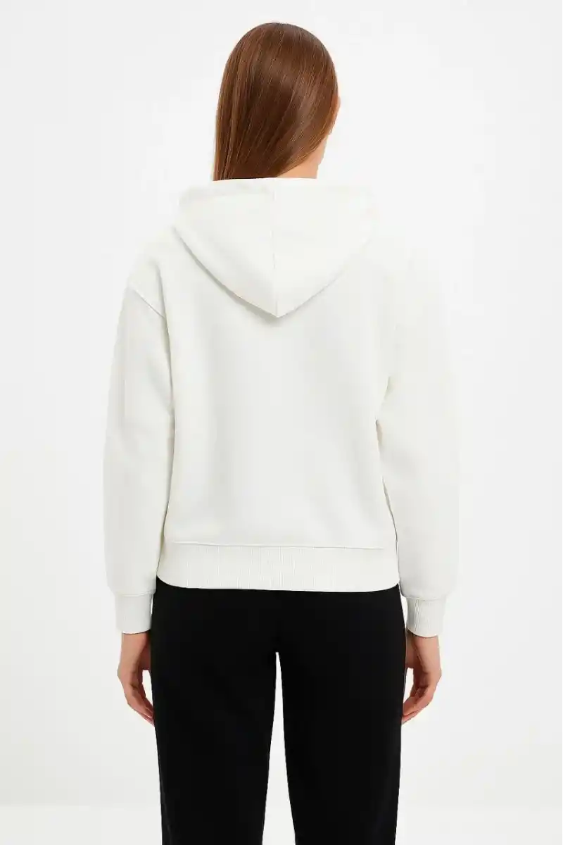 Kadın Kapüşonlu 3 İplik Şardonlu Önü Baskılı Fermuarlı Oversize Sweatshirt - Beyaz
