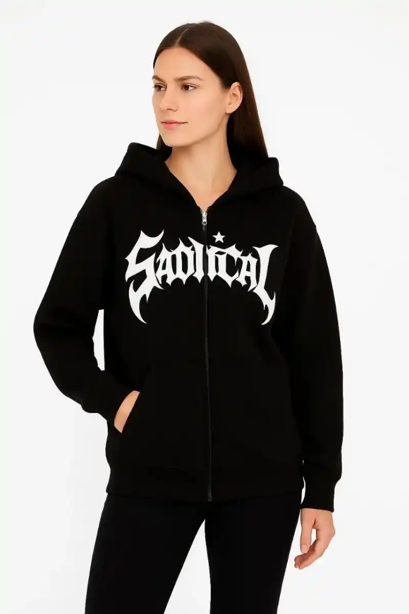 Kadın Kapüşonlu 3 İplik Şardonlu Önü Baskılı Fermuarlı Oversize Sweatshirt - Siyah