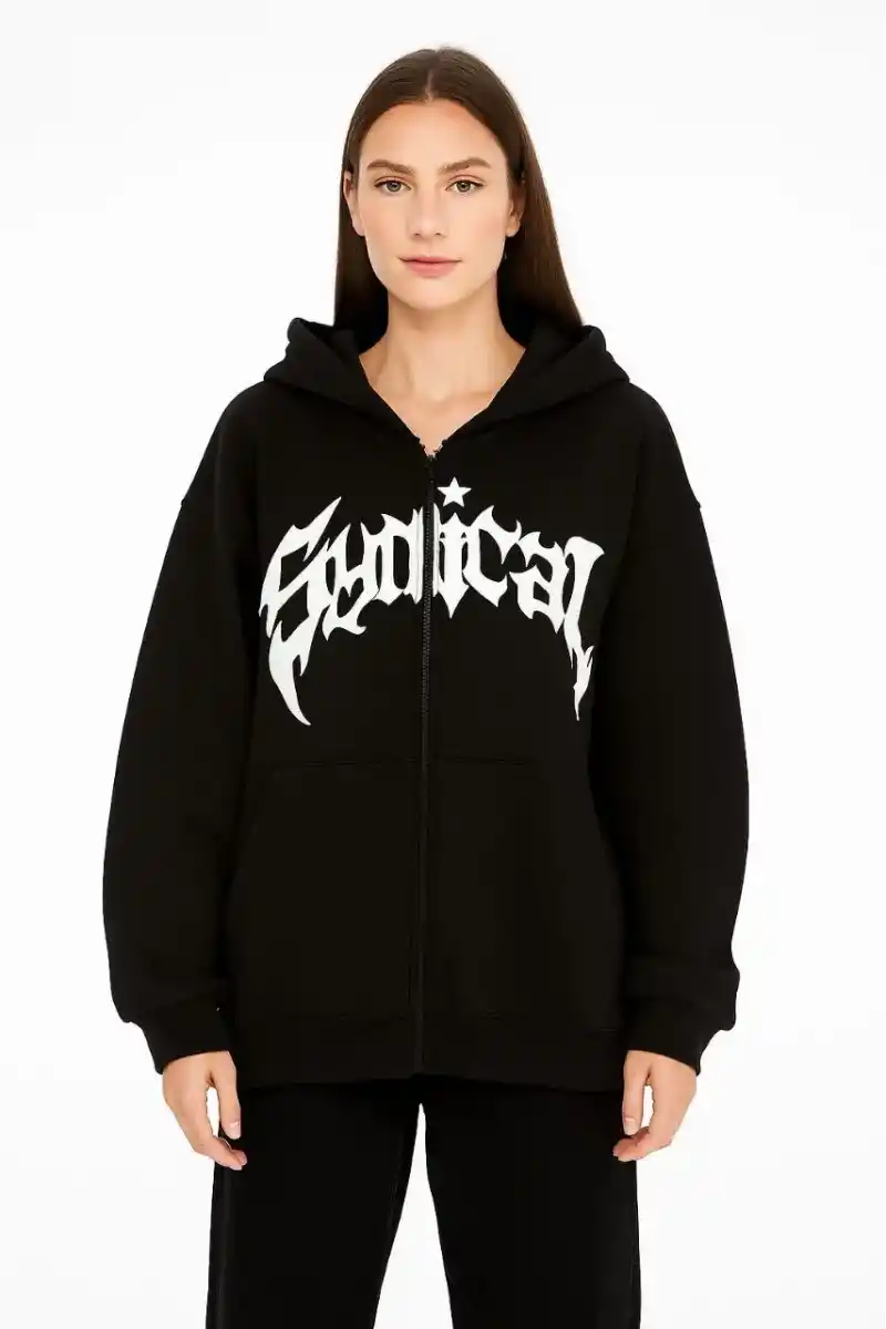 Kadın Kapüşonlu 3 İplik Şardonlu Önü Baskılı Fermuarlı Oversize Sweatshirt - Siyah