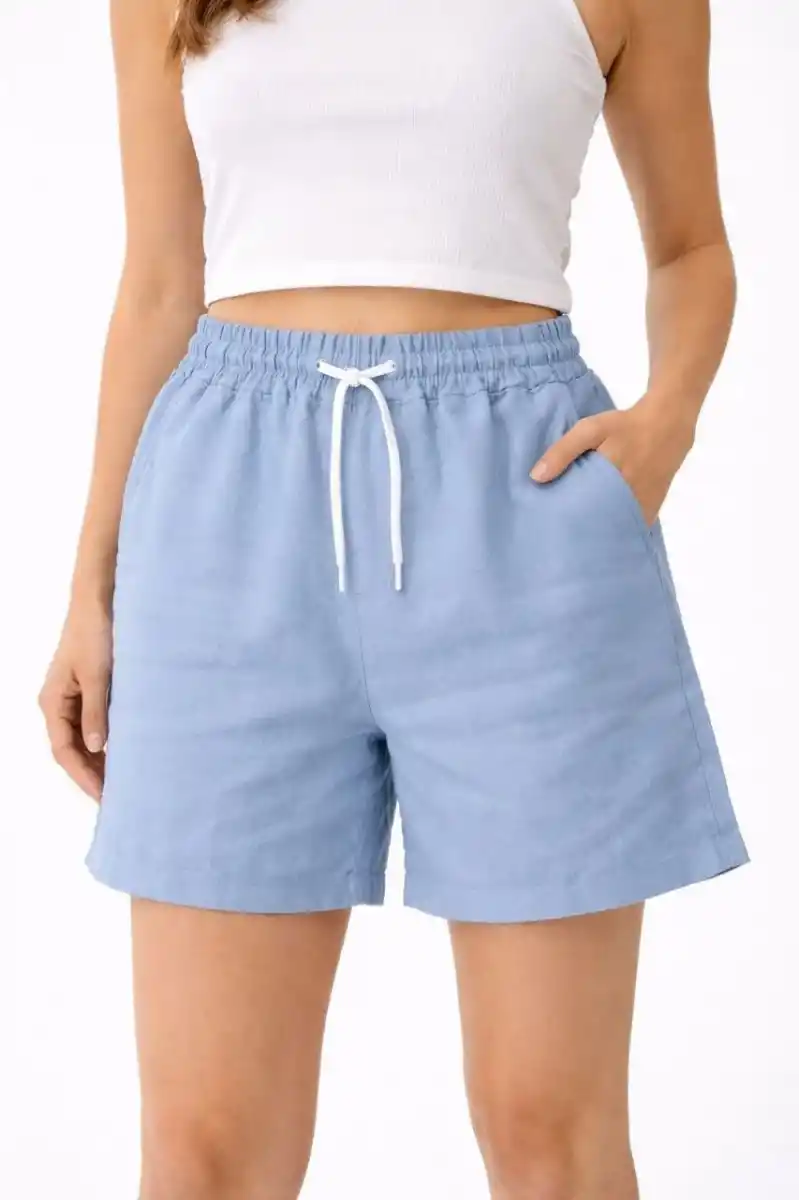 Kadın Keten Kumaş Cepli Rahat Kesim Bel Lastikli Şort - Mavi