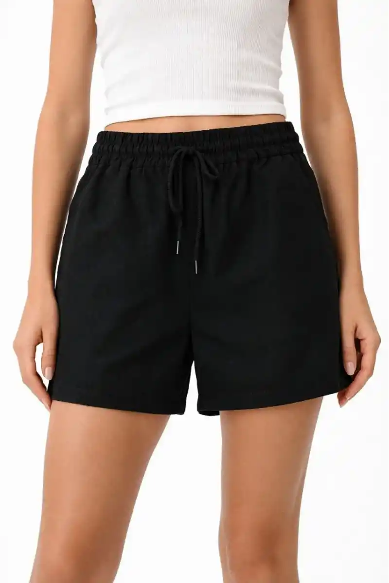 Kadın Keten Kumaş Cepli Rahat Kesim Bel Lastikli Şort - Siyah