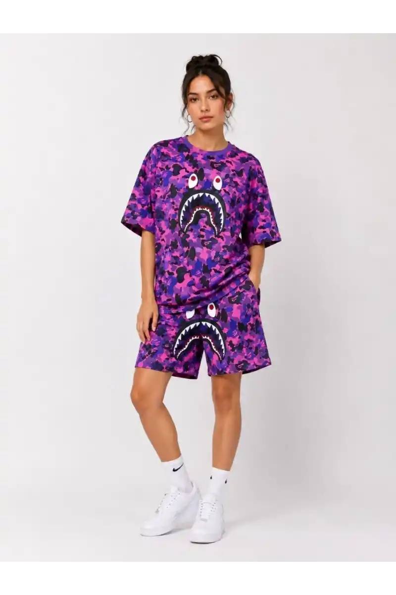 Kadın Oversize Kalıp Pubg Bape X Shark Nakışlı Cepli Şort Takım - Mor