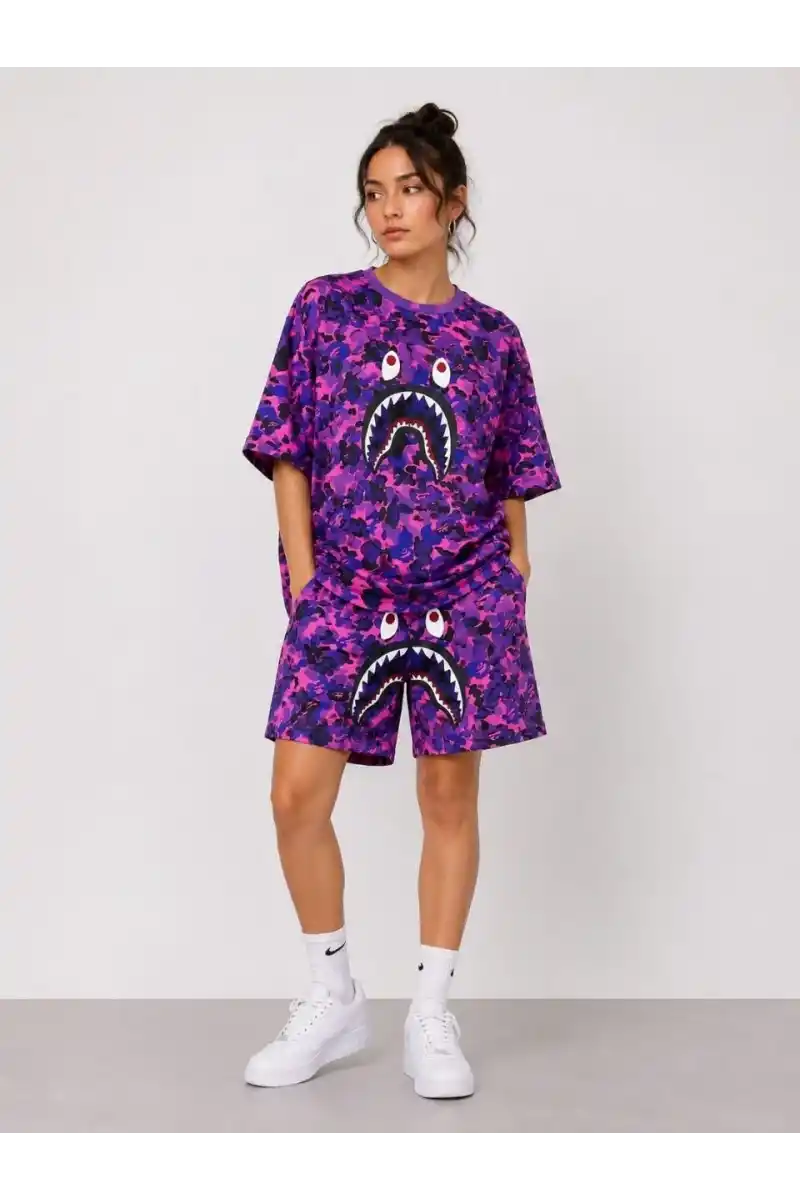 Kadın Oversize Kalıp Pubg Bape X Shark Nakışlı Cepli Şort Takım - Mor