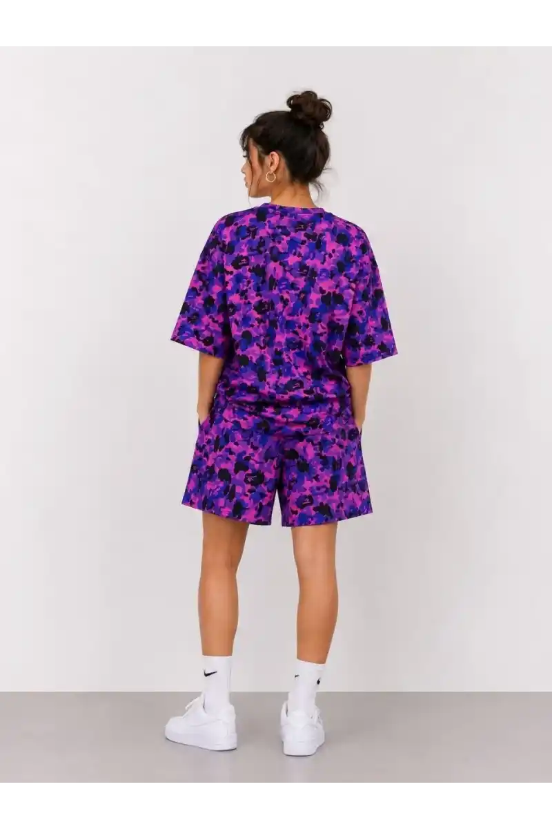 Kadın Oversize Kalıp Pubg Bape X Shark Nakışlı Cepli Şort Takım - Mor