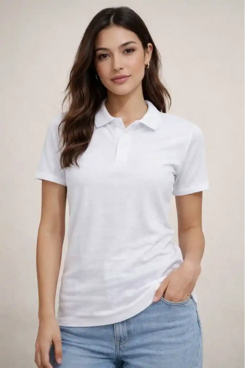 Kadın Polo Yaka Pike Kumaş Düğmeli Basic Tişört T-Shirt Günlük Rahat - Beyaz