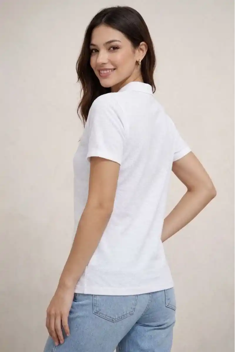 Kadın Polo Yaka Pike Kumaş Düğmeli Basic Tişört T-Shirt Günlük Rahat - Beyaz