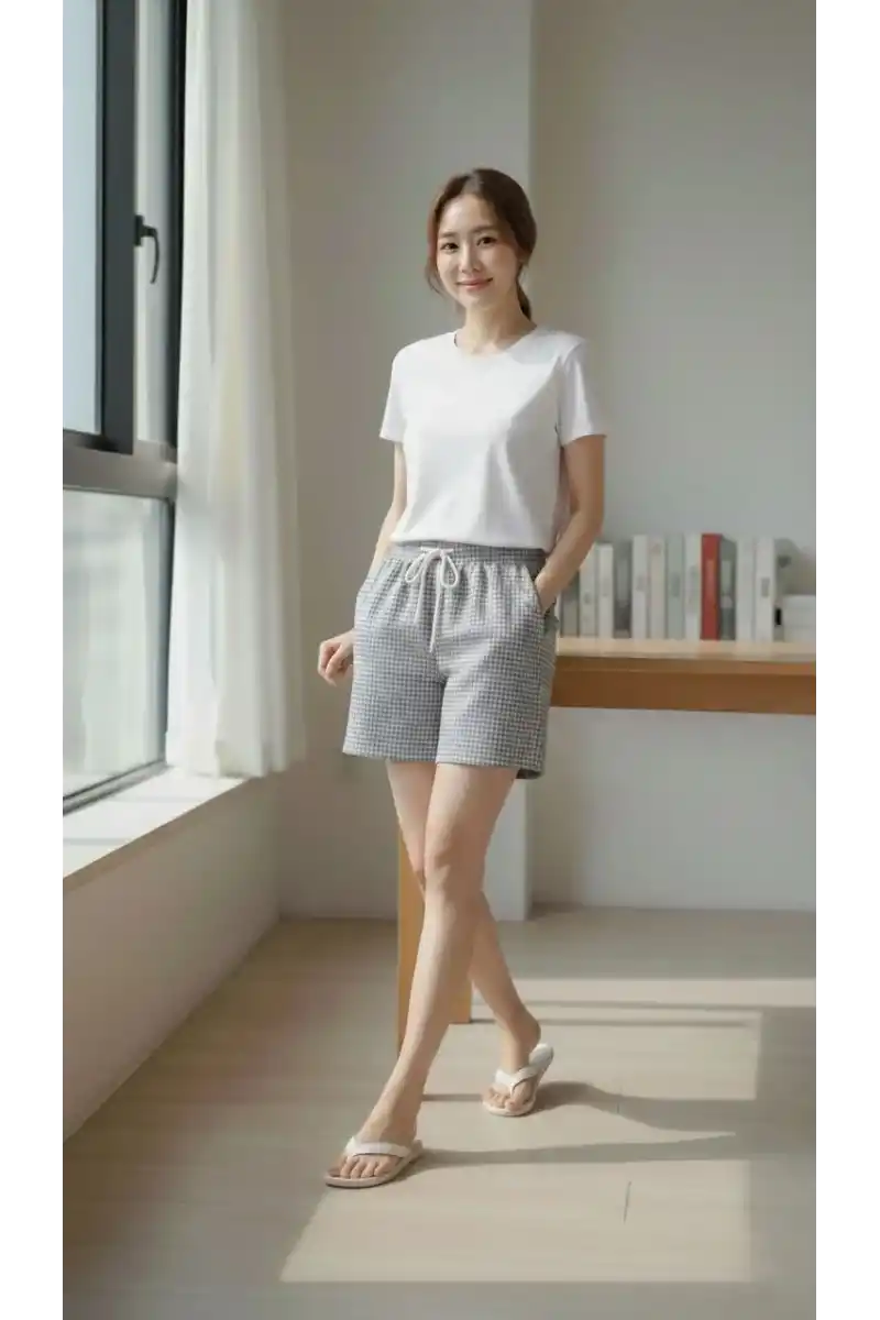 Kadın Pötikareli Şort Beli Lastikli Bağcıklı Cepli Kesim Şort - Füme