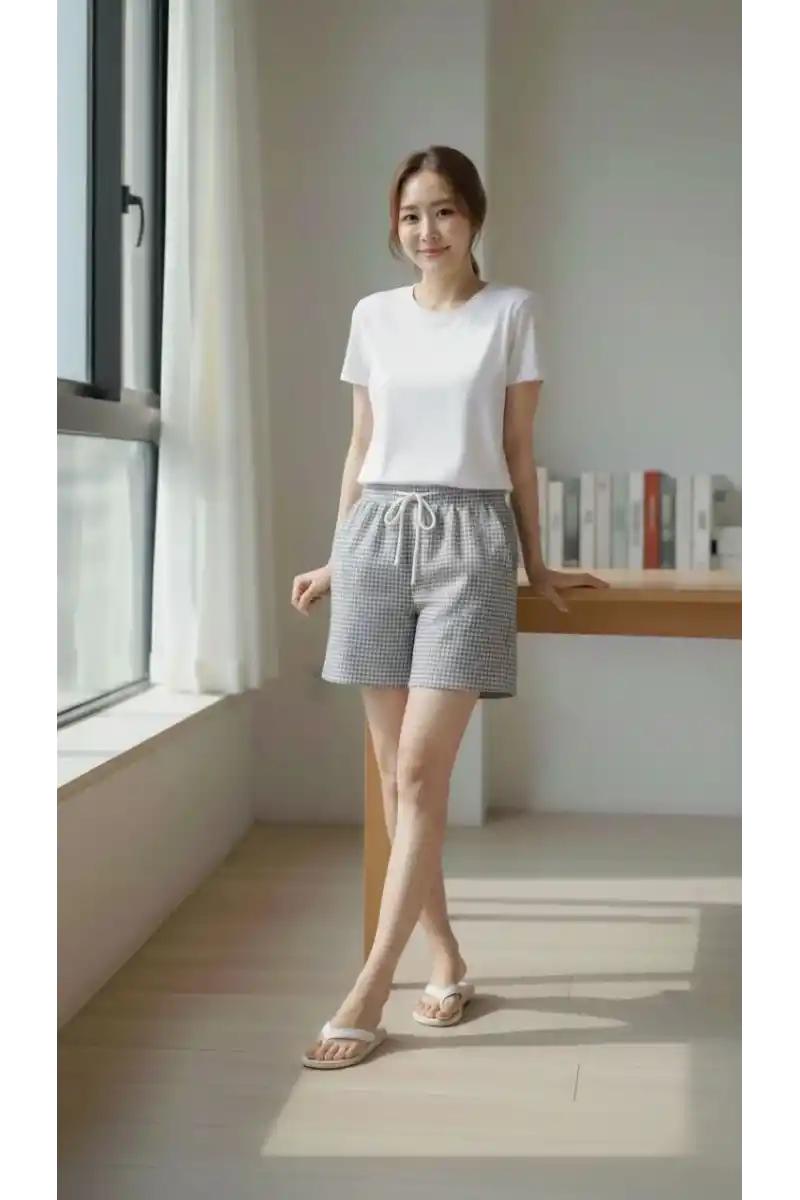 Kadın Pötikareli Şort Beli Lastikli Bağcıklı Cepli Kesim Şort - Füme