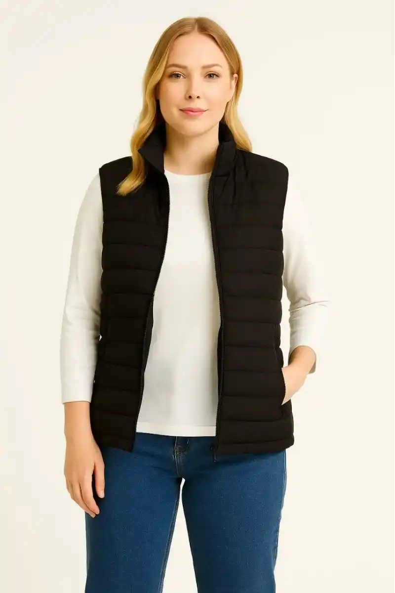 Kadın Şişme Fermuarlı Yelek Su itici Kapitone Astarlı Cepli Hafif Spor Kalıp - Siyah