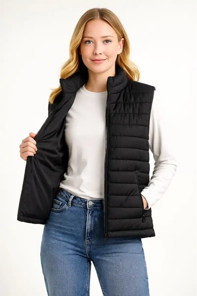 Kadın Şişme Fermuarlı Yelek Su itici Kapitone Astarlı Cepli Hafif Spor Kalıp - Siyah